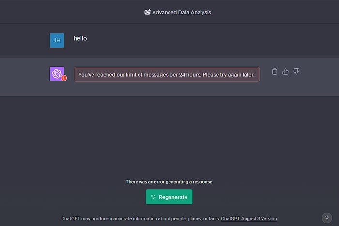 OpenAI ChatGPT You’ve reached our limit of messages per 24 hour