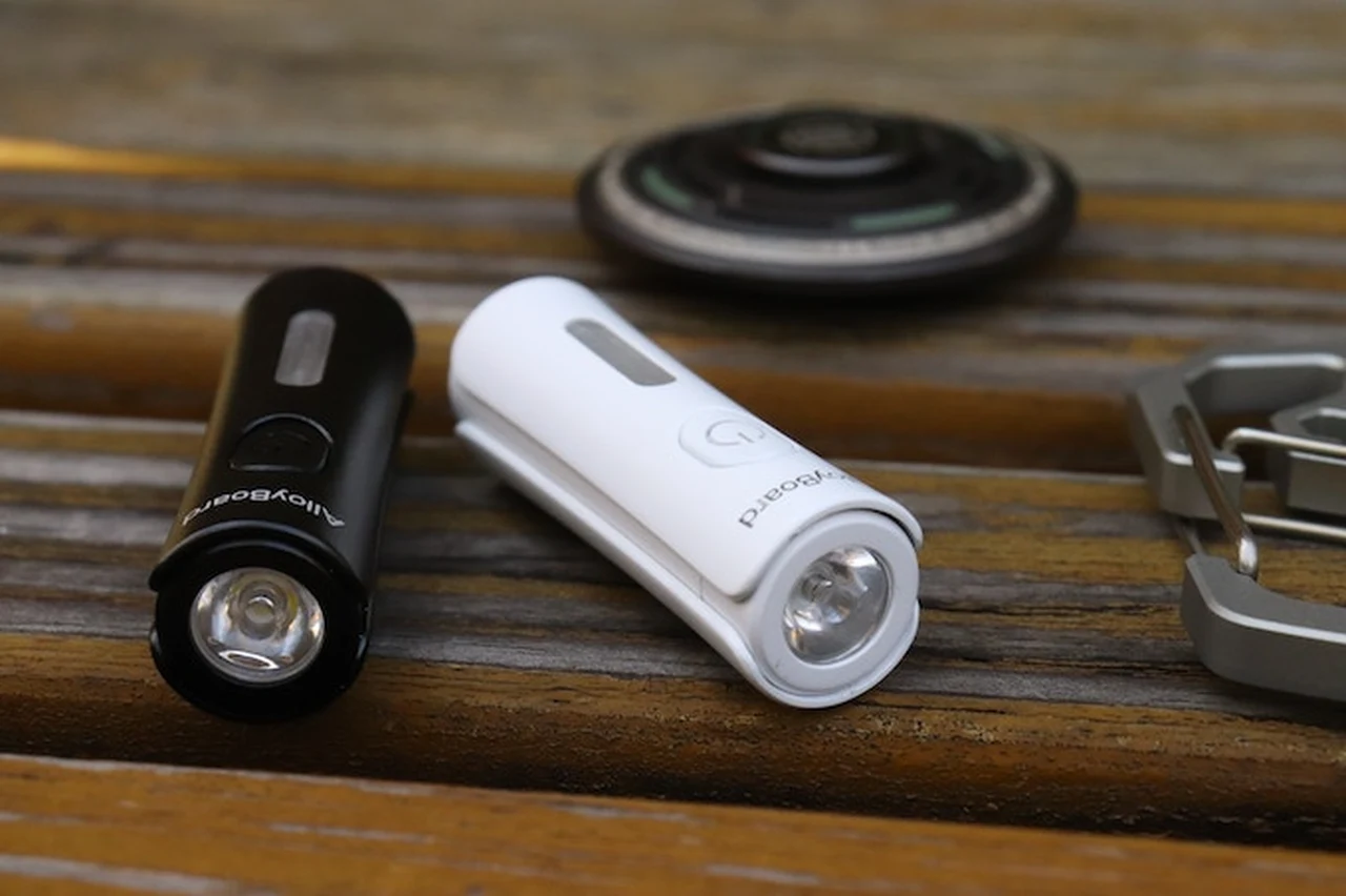 image of the flashlight next to a carabiner and other items the scale