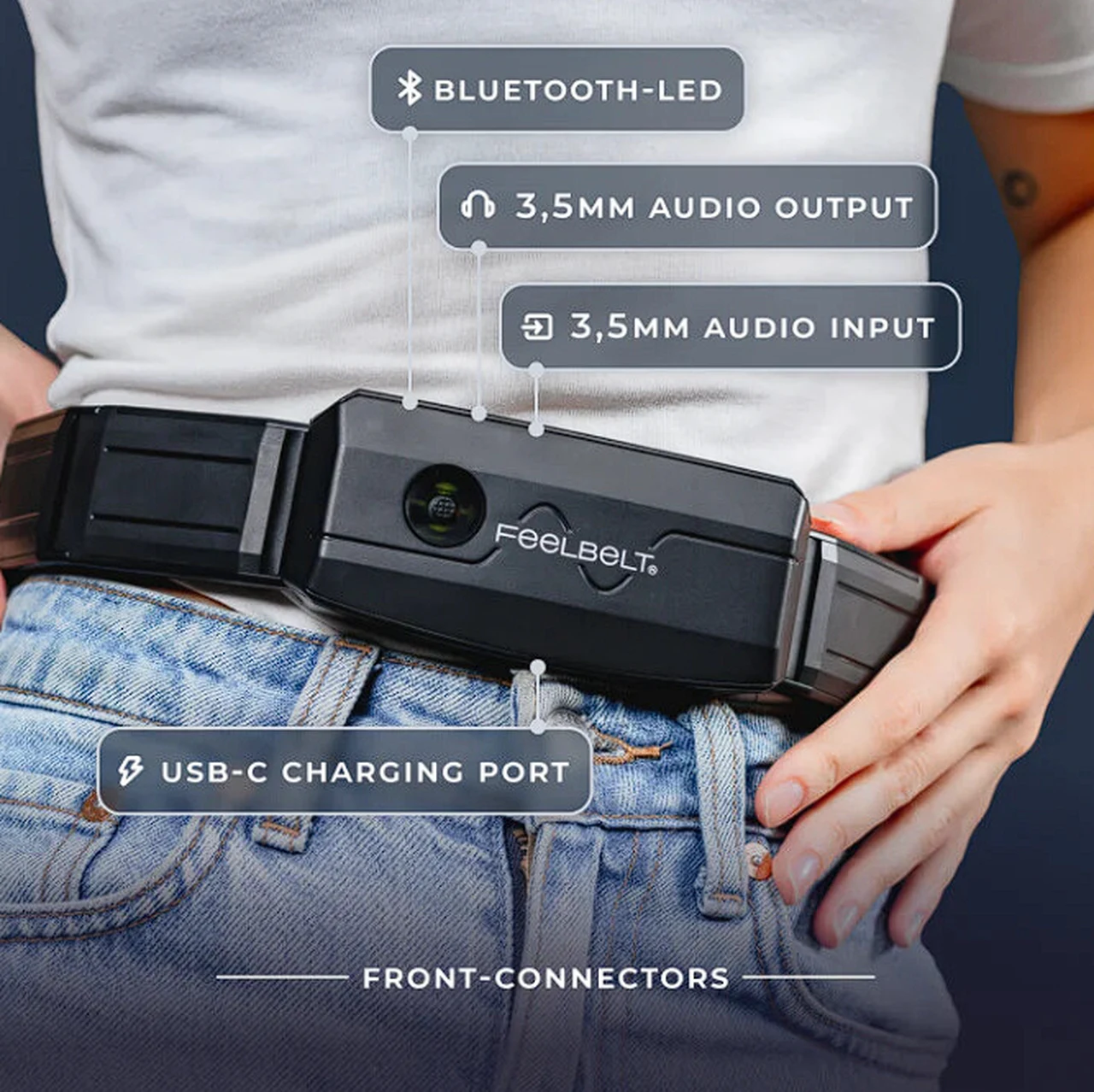 Feelbelt audio belt inputs and outputs